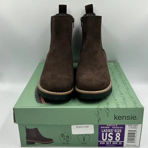 Kensie Kayla B Boot Women 8 Brown Chelsea Suede-Look Lug Sole Side Zip Ankle - Picture 3 of 10